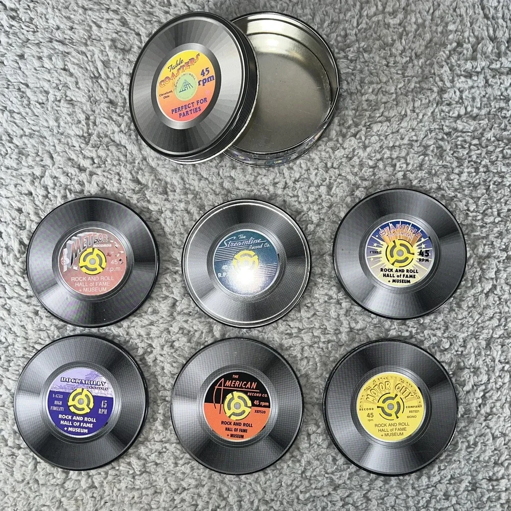 Vintage 1995 Rock n Roll Hall of Fame Vinyl Record Coasters Cork Bottom Novelty